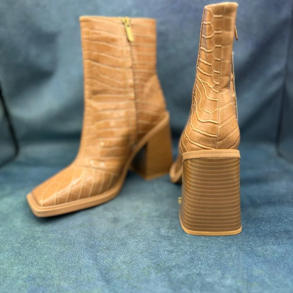 Circus by Sam Edelman Layla Caramel Brown Crocodile Embossed Boots - Picture 2 of 8